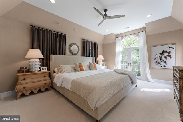 carpeted bedroom with access to outside and ceiling fan