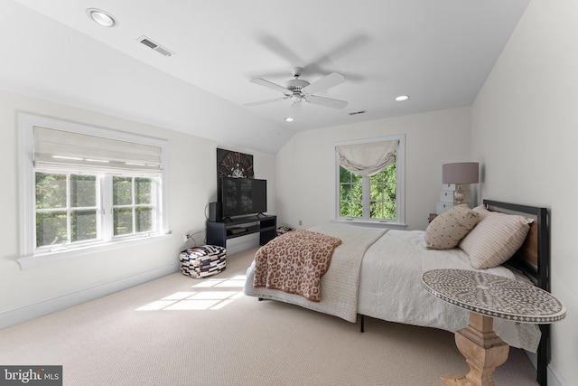 bedroom featuring carpet flooring, ceiling fan, and lofted ceiling