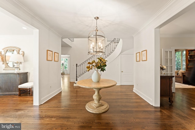 entryway featuring a chandelier, a wealth of natural light, crown molding, and dark wood-type flooring