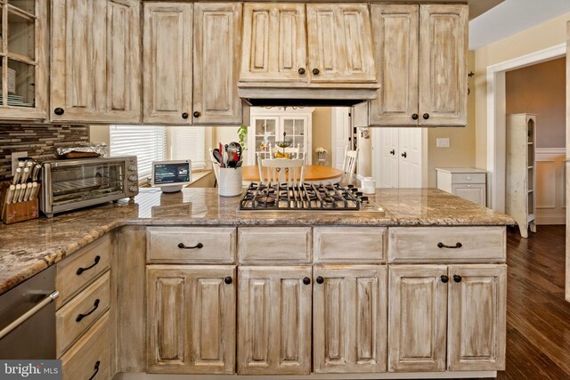 kitchen with light brown cabinets, stainless steel appliances, dark hardwood / wood-style floors, and light stone countertops