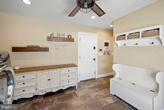 mudroom featuring washer / dryer and ceiling fan