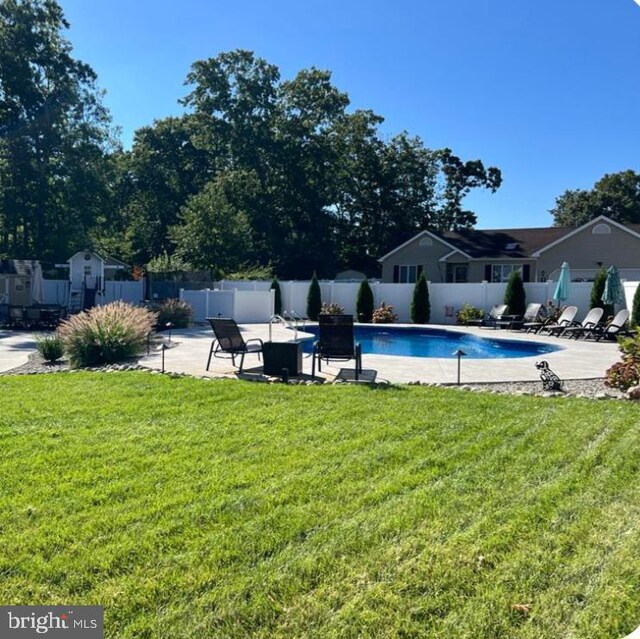 view of pool featuring a patio area and a lawn