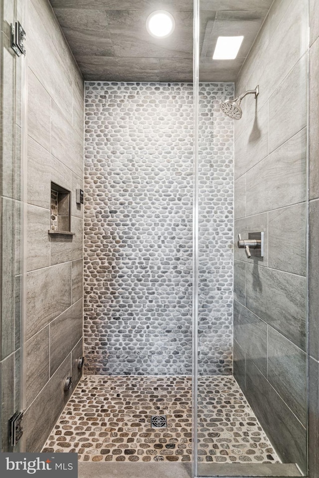 bathroom with a shower with shower door