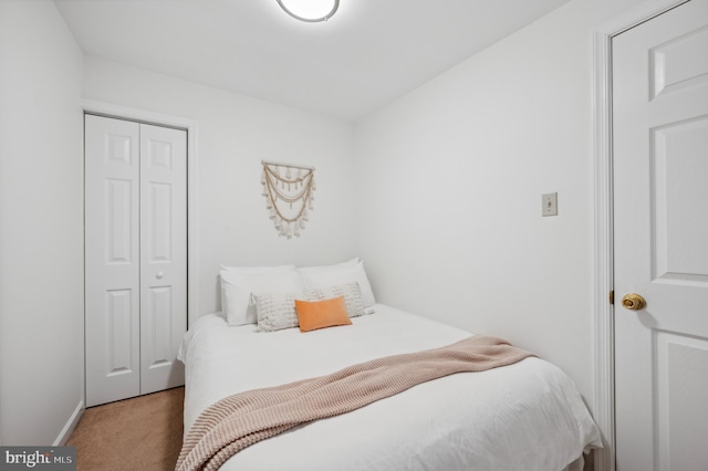 bedroom with carpet flooring and a closet