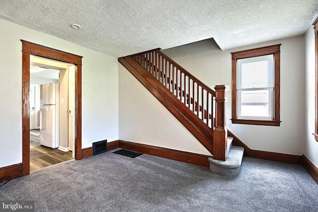 stairway featuring carpet flooring and a textured ceiling