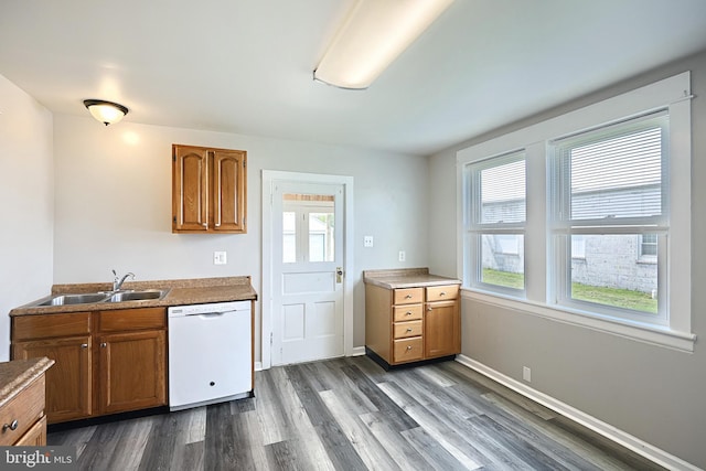 kitchen featuring sink, a healthy amount of sunlight, white dishwasher, and dark hardwood / wood-style floors