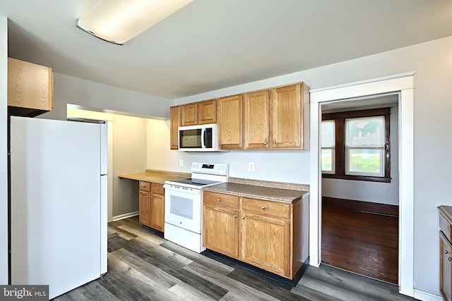 kitchen featuring dark wood-type flooring and white appliances