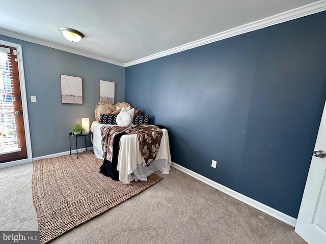 bedroom featuring carpet and crown molding