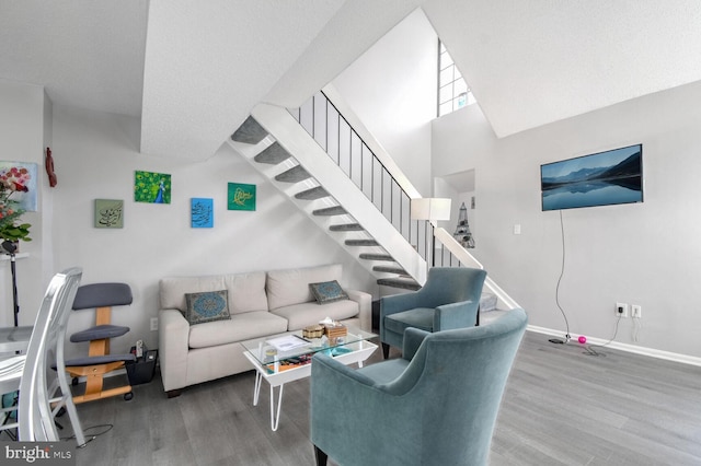 living room with a high ceiling and hardwood / wood-style flooring