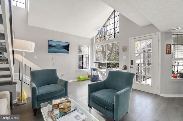 living room with a textured ceiling, high vaulted ceiling, and hardwood / wood-style flooring