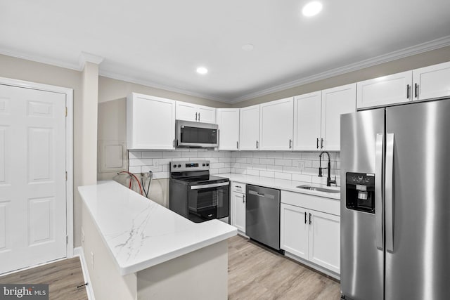 kitchen featuring white cabinetry, light hardwood / wood-style floors, appliances with stainless steel finishes, and sink