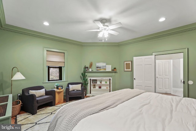 bedroom with ceiling fan, a closet, and crown molding