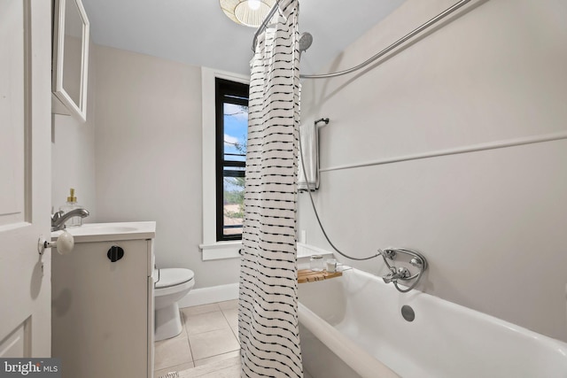 full bathroom featuring shower / tub combo, tile patterned flooring, vanity, and toilet