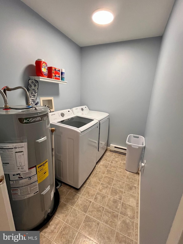 washroom with water heater, washing machine and dryer, and a baseboard heating unit