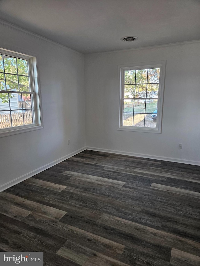 spare room featuring a healthy amount of sunlight, ornamental molding, and dark hardwood / wood-style floors