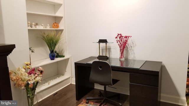 office space with dark wood-type flooring and built in desk