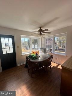 dining room with dark wood-type flooring and ceiling fan