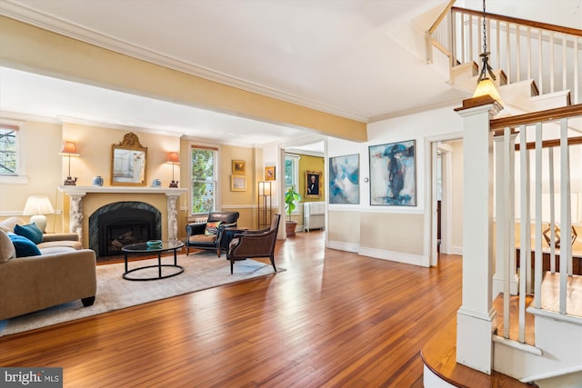 living room featuring ornamental molding, a fireplace, radiator, and plenty of natural light