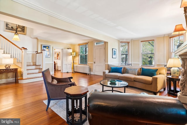 living room with hardwood / wood-style flooring, radiator heating unit, and a healthy amount of sunlight