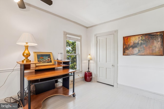 home office with ornamental molding and ceiling fan