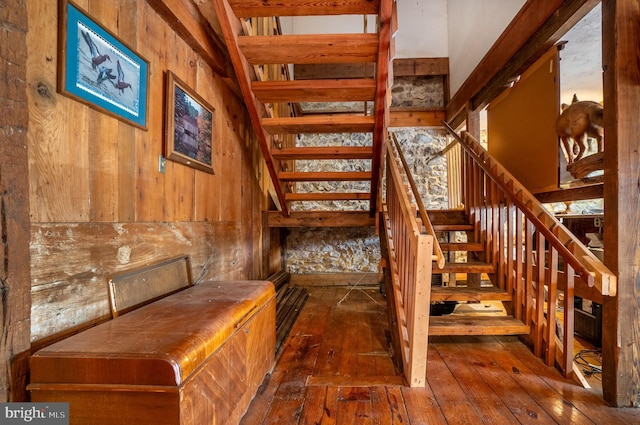 stairs with wood-type flooring and wooden walls