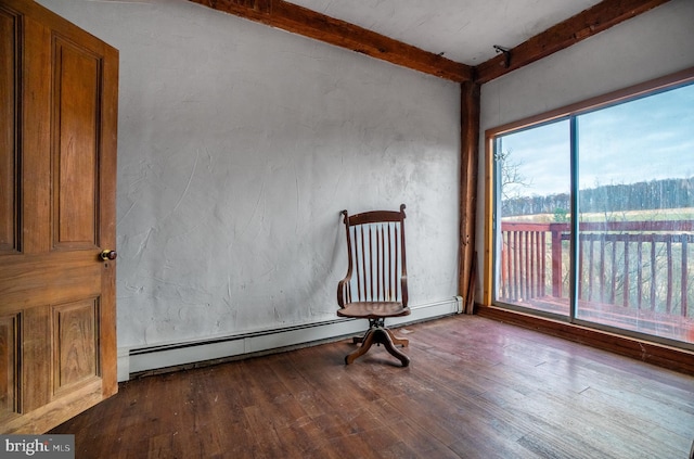 spare room with beam ceiling, dark wood-style floors, and baseboard heating