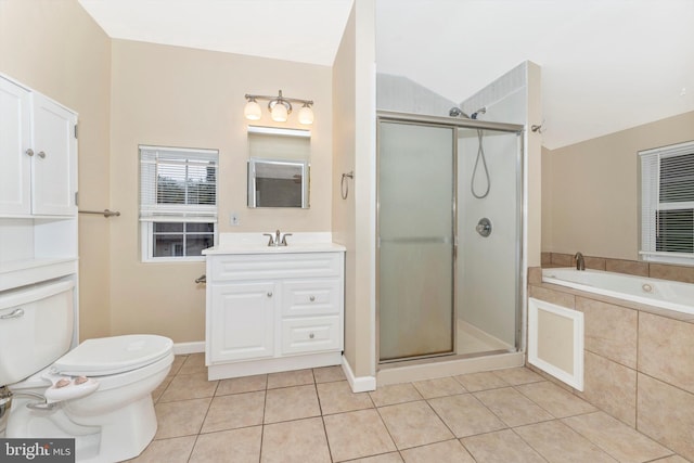 full bathroom with tile patterned floors, vanity, lofted ceiling, and plus walk in shower