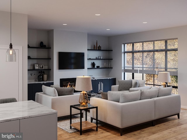 living room with built in features and light wood-type flooring