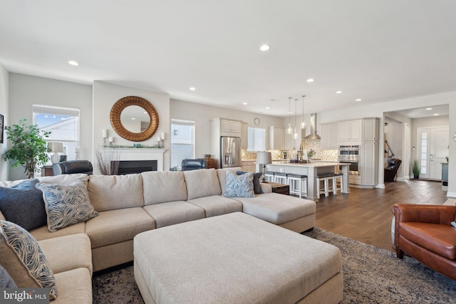 living room with dark hardwood / wood-style floors