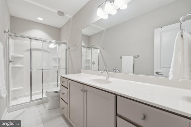 bathroom with walk in shower, vanity, toilet, and tile patterned flooring