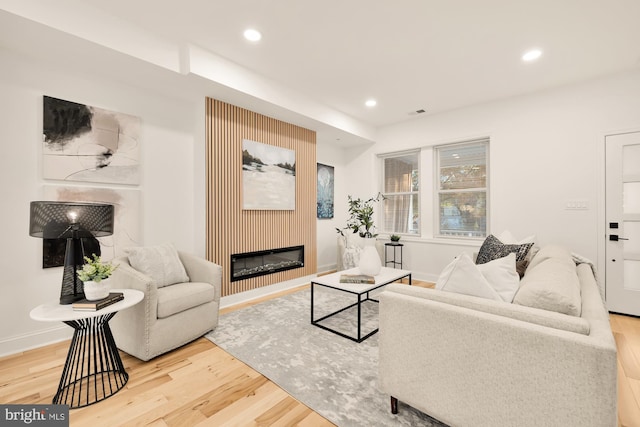 living room featuring wood-type flooring and a large fireplace