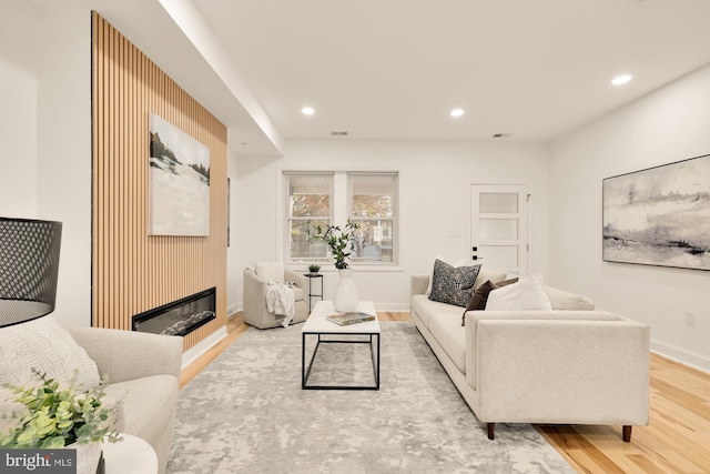 living room featuring hardwood / wood-style floors and a large fireplace