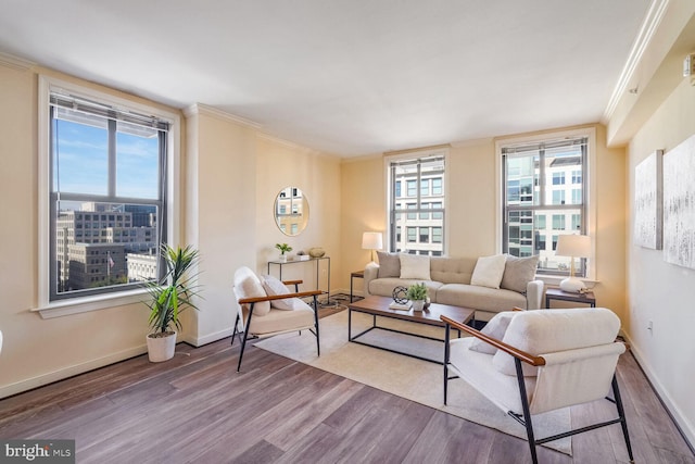 living room with ornamental molding, plenty of natural light, and wood-type flooring