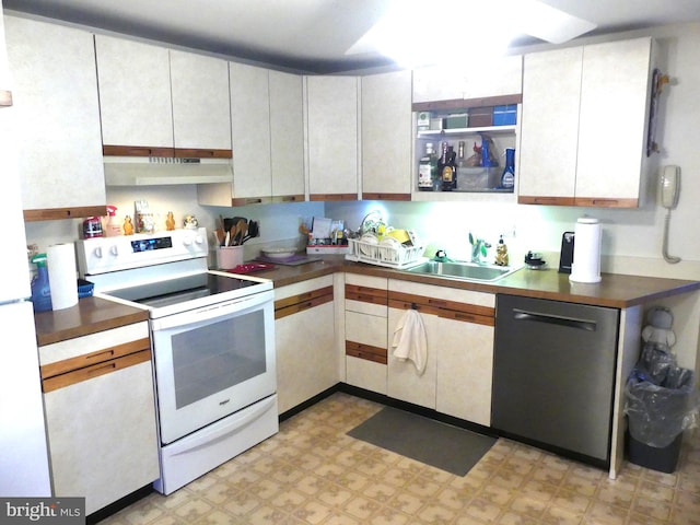 kitchen featuring white cabinetry, sink, and white appliances