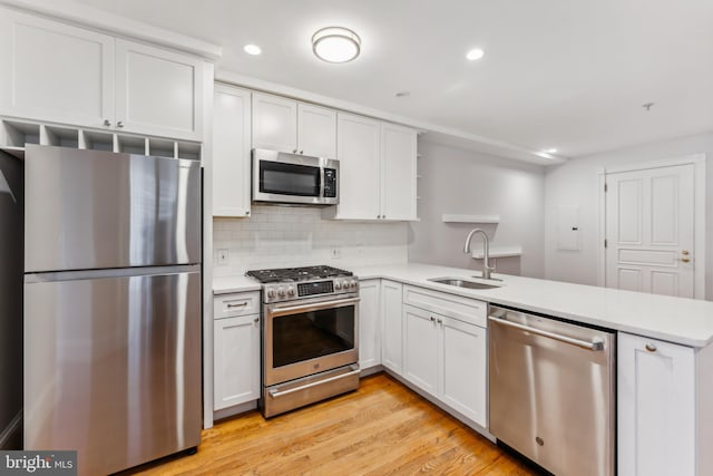 kitchen featuring stainless steel appliances, white cabinets, sink, and kitchen peninsula