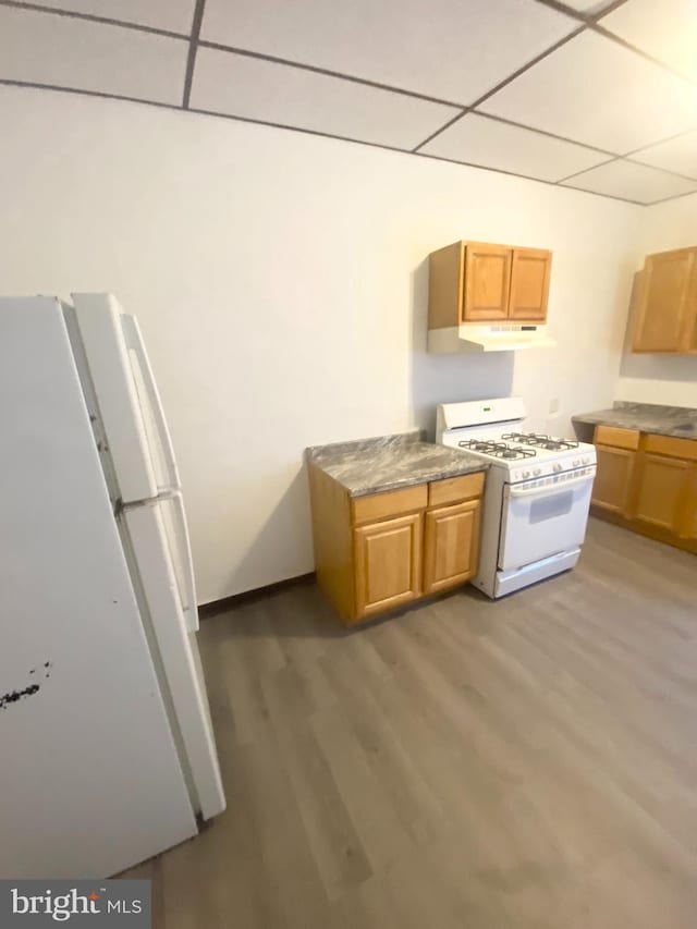 kitchen featuring a paneled ceiling, hardwood / wood-style flooring, and white appliances