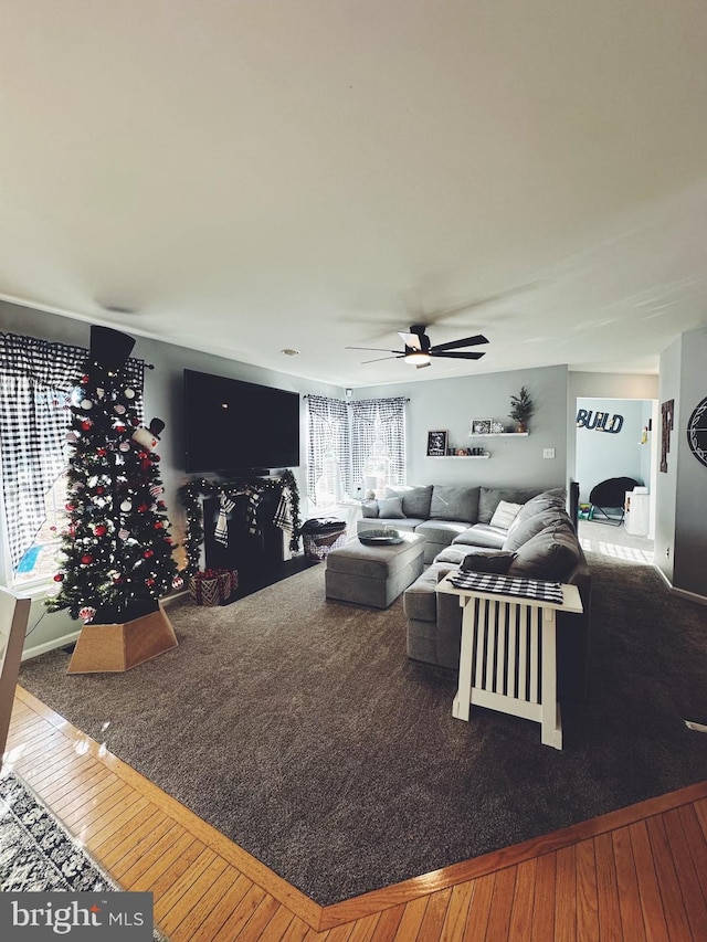 living room with hardwood / wood-style floors and ceiling fan