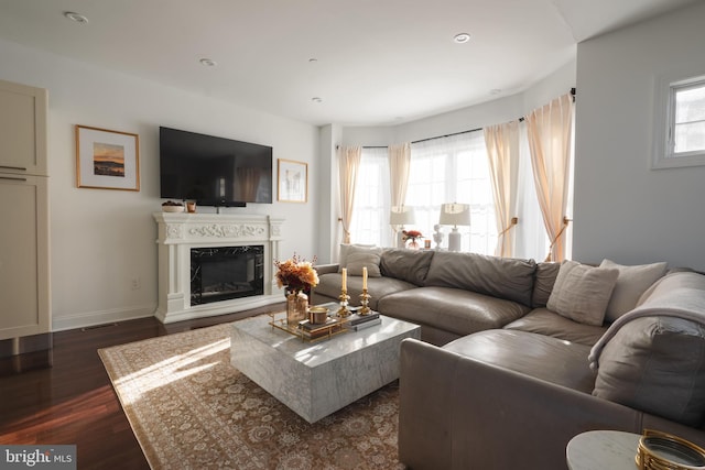 living room with a high end fireplace and dark hardwood / wood-style flooring