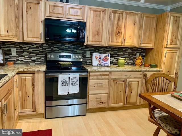 kitchen featuring stainless steel electric range, crown molding, light hardwood / wood-style flooring, decorative backsplash, and light stone counters