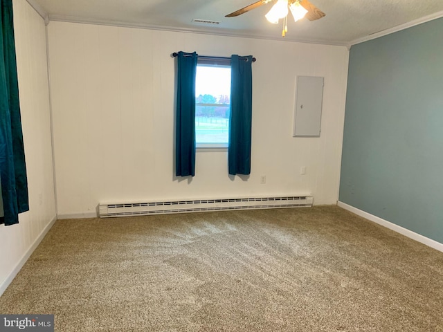 carpeted empty room featuring crown molding, visible vents, a baseboard heating unit, ceiling fan, and electric panel