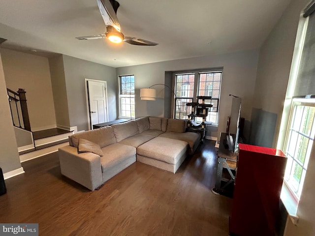 living room featuring dark hardwood / wood-style floors and ceiling fan