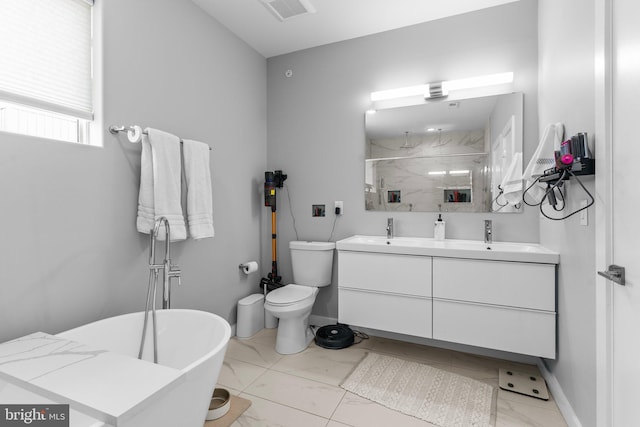 full bathroom with vanity, toilet, and plus walk in shower