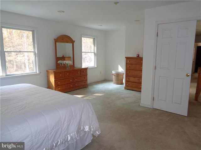 bedroom featuring light colored carpet and multiple windows