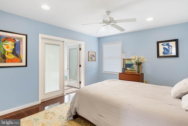 bedroom with dark wood-type flooring, a closet, connected bathroom, and ceiling fan