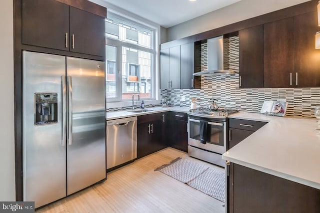 kitchen with backsplash, sink, wall chimney exhaust hood, light wood-type flooring, and appliances with stainless steel finishes