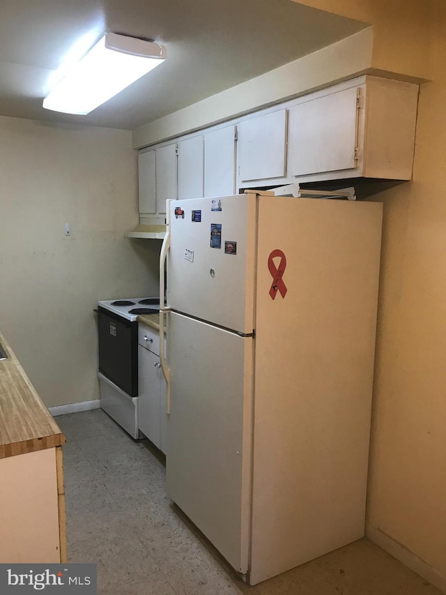 kitchen featuring white cabinets, white appliances, and ventilation hood