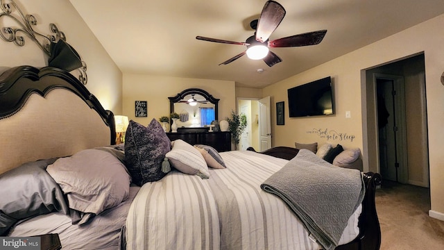 bedroom with light carpet and ceiling fan