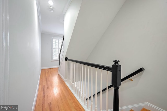 staircase featuring hardwood / wood-style flooring and crown molding