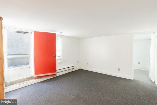 carpeted empty room with baseboard heating