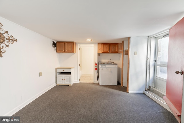 interior space featuring sink and dark colored carpet